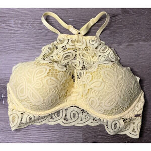 Victoria's Secret Yellow Lace Bra Bralette Push Up Racerback High‎ Neck Medium